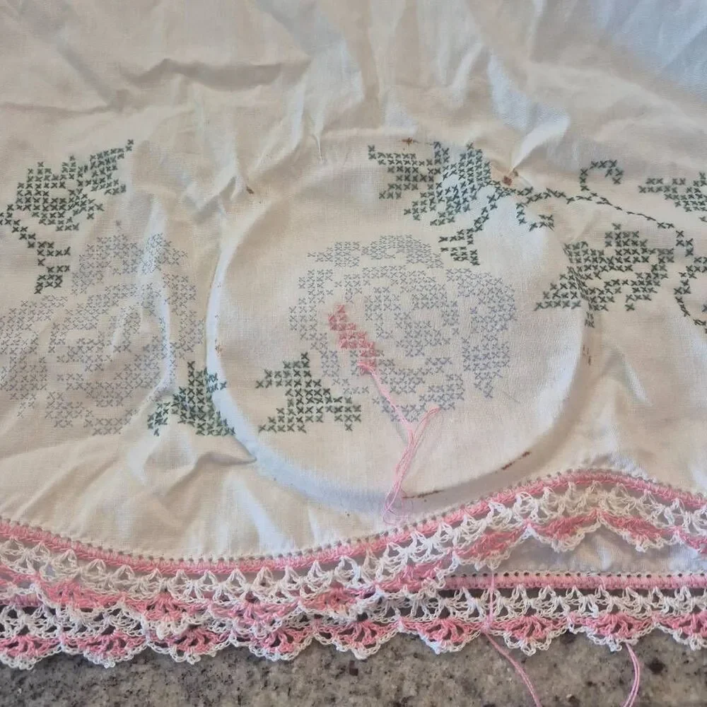 Pillowcases (2), White Cotton, Vintage Pink Variegated Crochet Cross Stitch Star